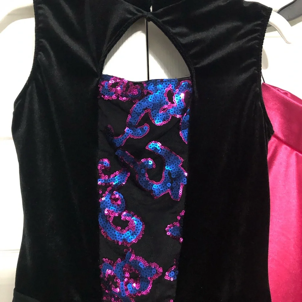 Dance costume velvet one piece with shorts & pink fuschia skirt tap jazz size XL